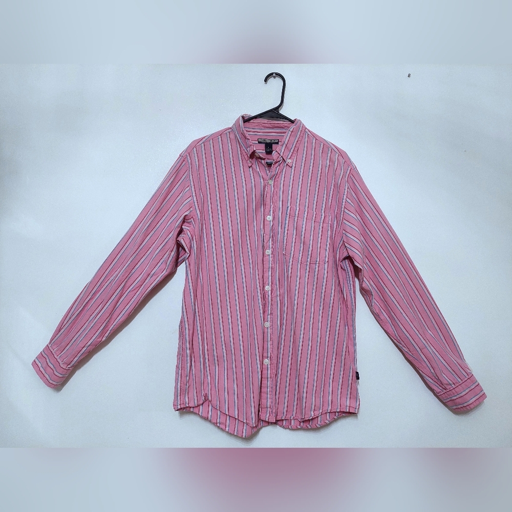Casual Pink Striped Men's Button Down Shirt Size Medium